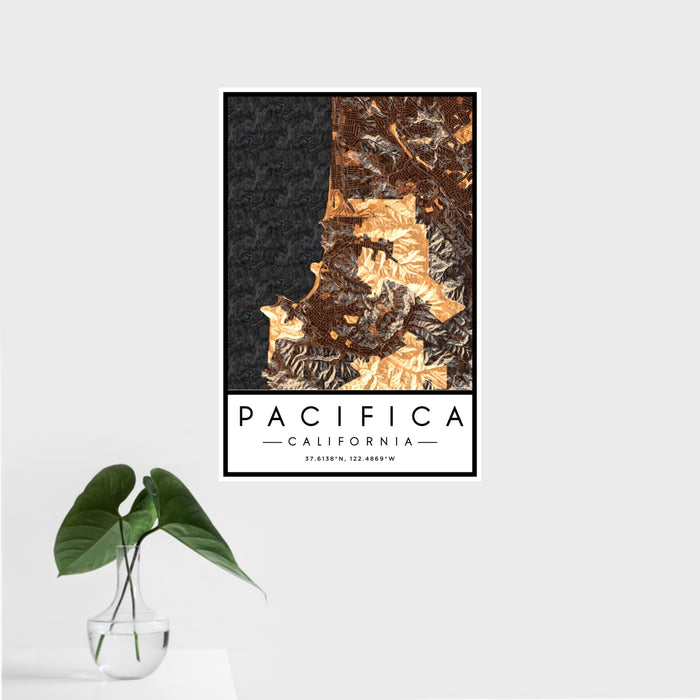 16x24 Pacifica California Map Print Portrait Orientation in Ember Style With Tropical Plant Leaves in Water