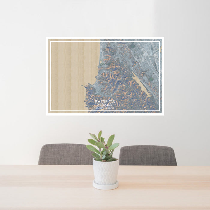 24x36 Pacifica California Map Print Lanscape Orientation in Afternoon Style Behind 2 Chairs Table and Potted Plant