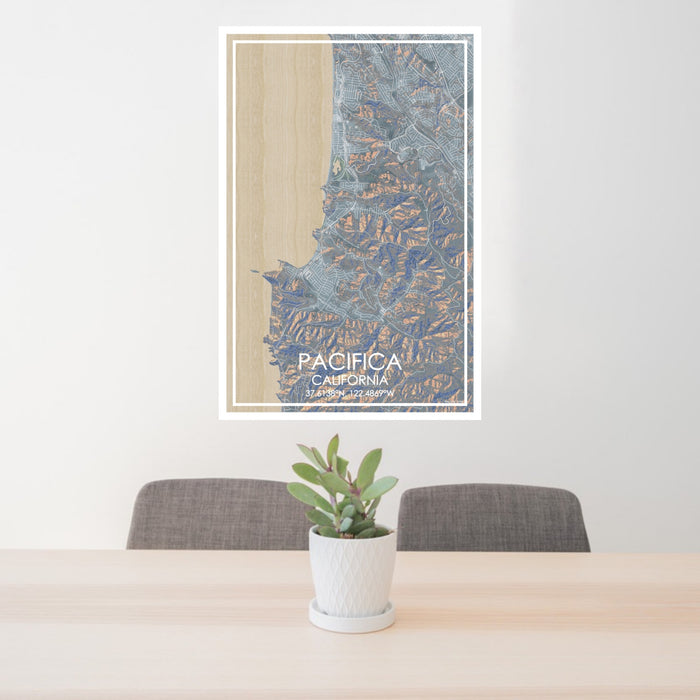 24x36 Pacifica California Map Print Portrait Orientation in Afternoon Style Behind 2 Chairs Table and Potted Plant