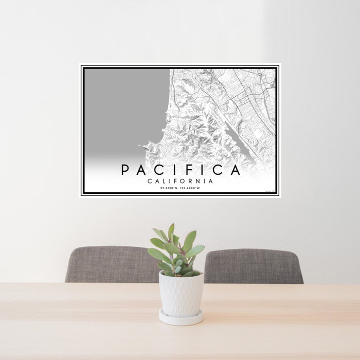 24x36 Pacifica California Map Print Lanscape Orientation in Classic Style Behind 2 Chairs Table and Potted Plant