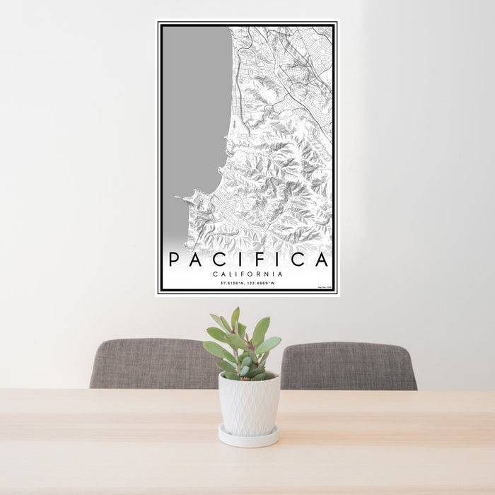 24x36 Pacifica California Map Print Portrait Orientation in Classic Style Behind 2 Chairs Table and Potted Plant