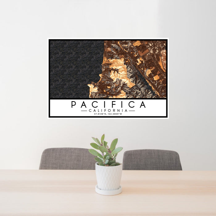 24x36 Pacifica California Map Print Lanscape Orientation in Ember Style Behind 2 Chairs Table and Potted Plant
