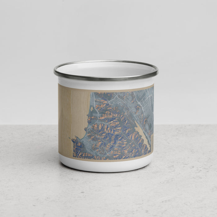 Front View Custom Pacifica California Map Enamel Mug in Afternoon