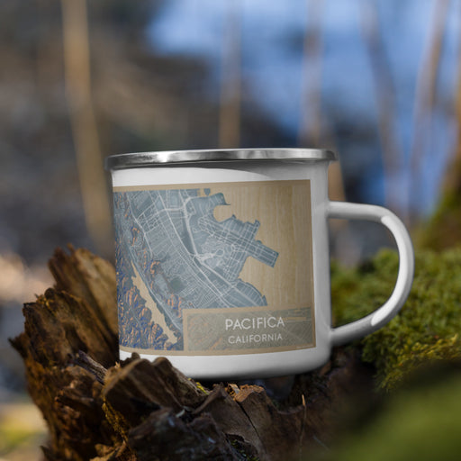 Right View Custom Pacifica California Map Enamel Mug in Afternoon on Grass With Trees in Background
