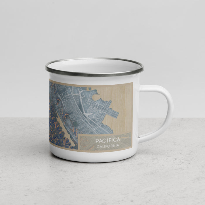 Right View Custom Pacifica California Map Enamel Mug in Afternoon