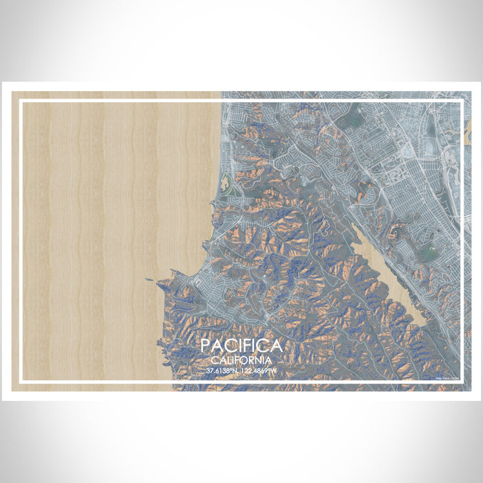 Pacifica California Map Print Landscape Orientation in Afternoon Style With Shaded Background