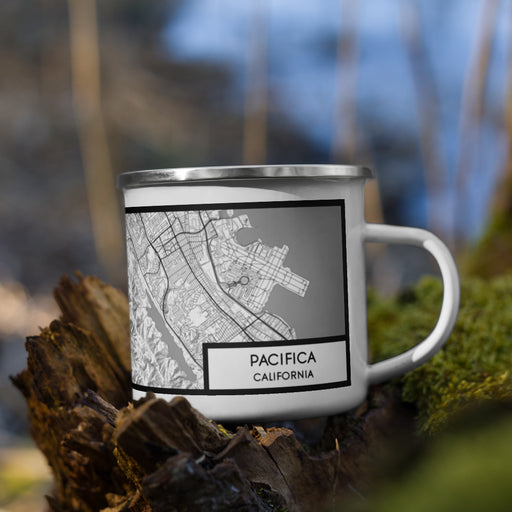 Right View Custom Pacifica California Map Enamel Mug in Classic on Grass With Trees in Background