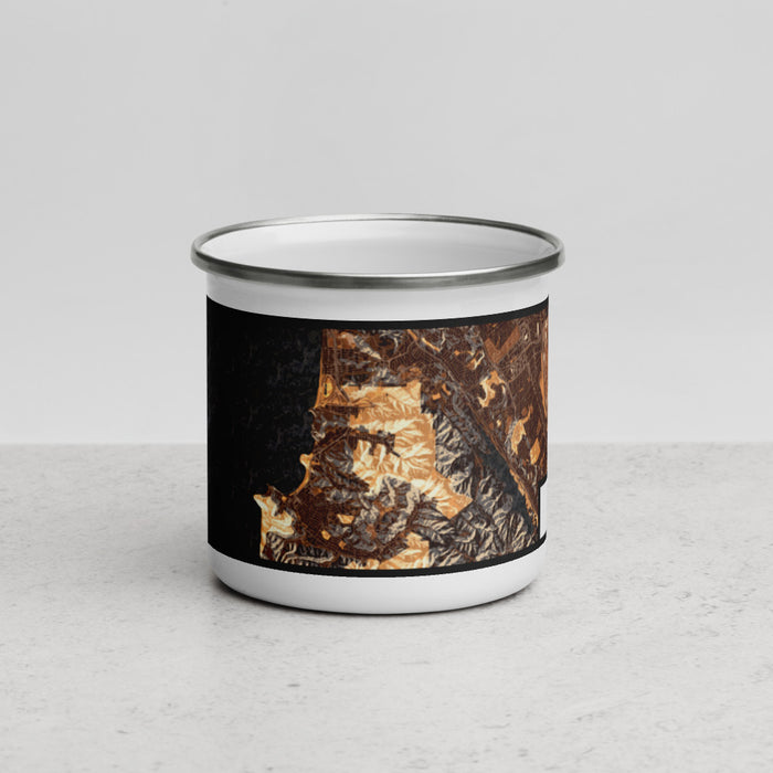 Front View Custom Pacifica California Map Enamel Mug in Ember