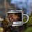 Right View Custom Pacifica California Map Enamel Mug in Ember on Grass With Trees in Background