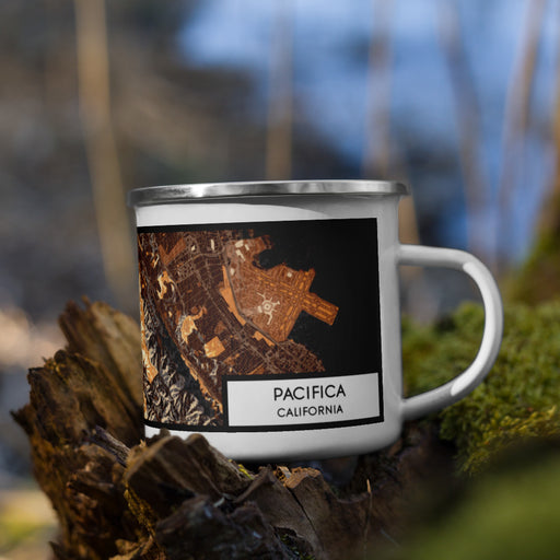 Right View Custom Pacifica California Map Enamel Mug in Ember on Grass With Trees in Background