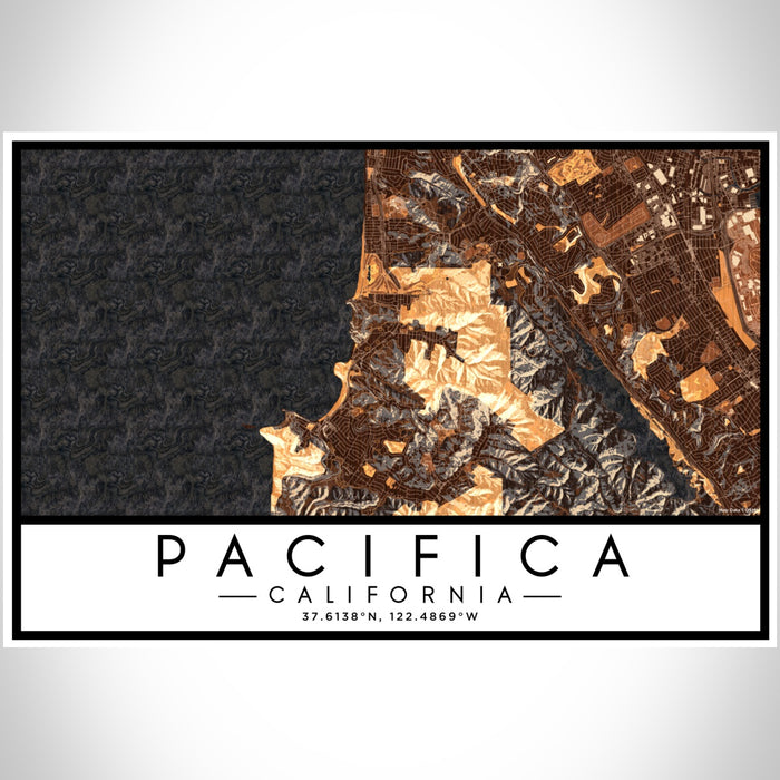 Pacifica California Map Print Landscape Orientation in Ember Style With Shaded Background