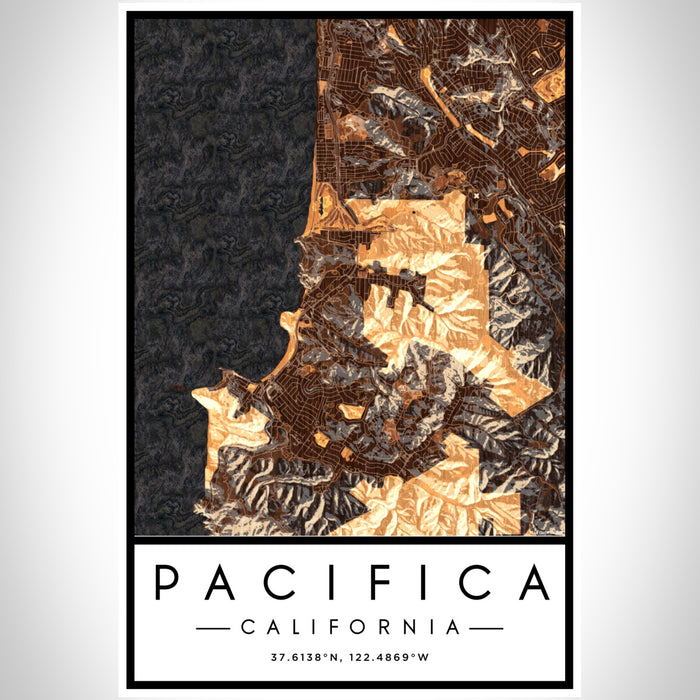 Pacifica California Map Print Portrait Orientation in Ember Style With Shaded Background
