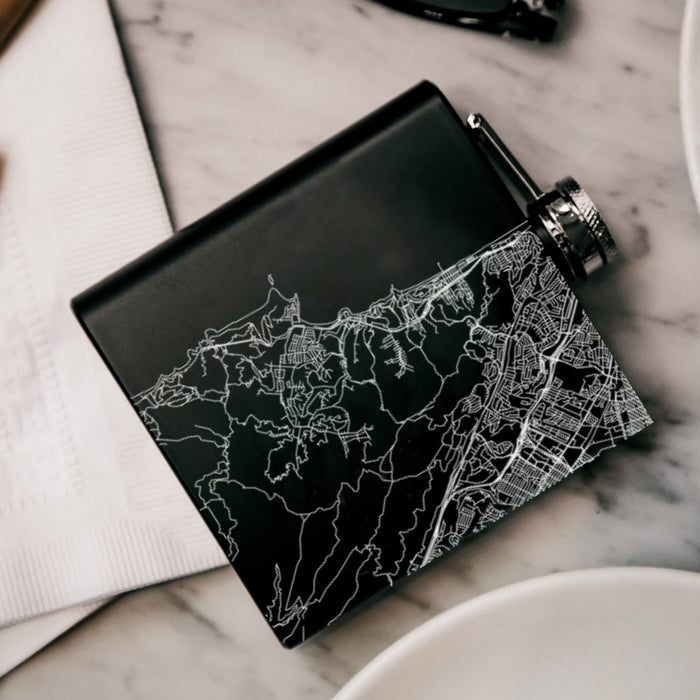 Pacifica California Custom Engraved City Map Inscription Coordinates on 6oz Stainless Steel Flask in Black