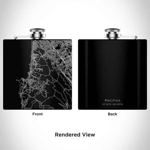 Rendered View of Pacifica California Map Engraving on 6oz Stainless Steel Flask in Black