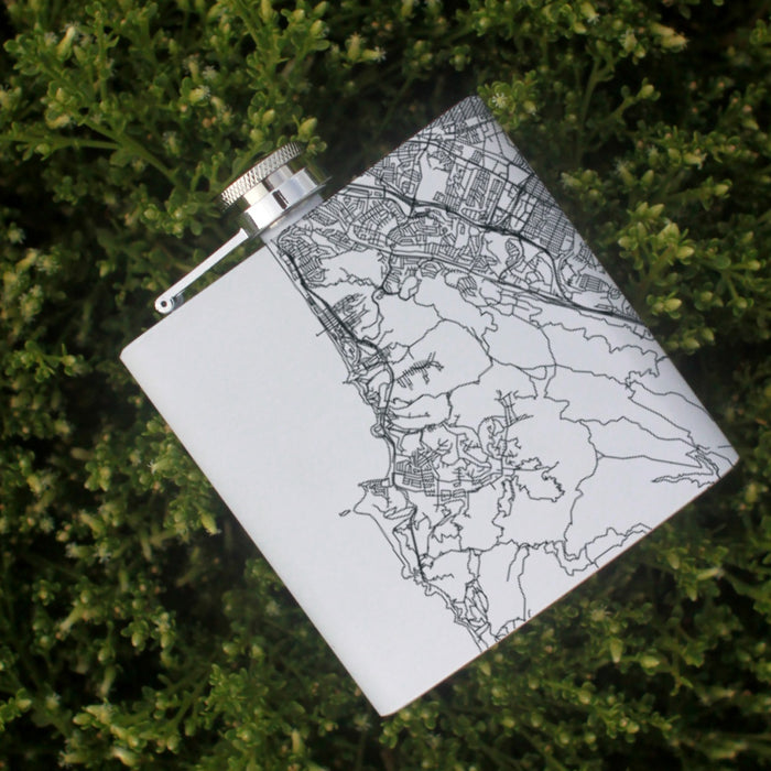 Pacifica California Custom Engraved City Map Inscription Coordinates on 6oz Stainless Steel Flask in White