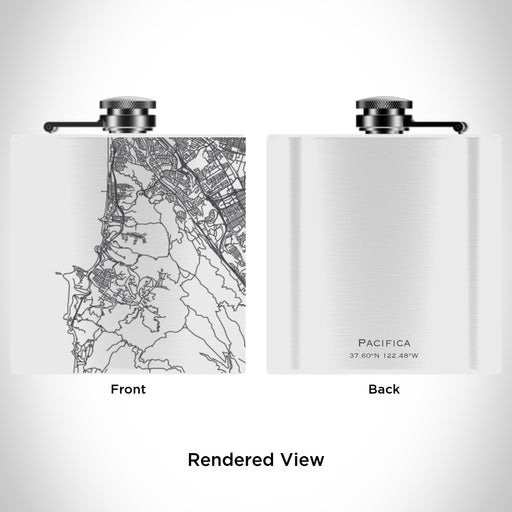 Rendered View of Pacifica California Map Engraving on 6oz Stainless Steel Flask in White