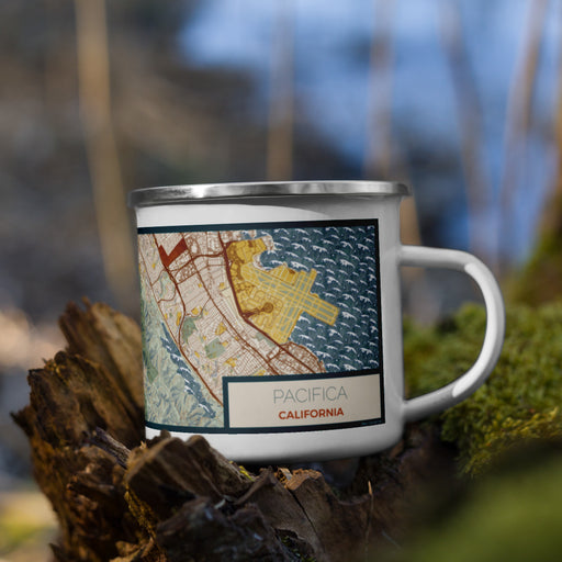 Right View Custom Pacifica California Map Enamel Mug in Woodblock on Grass With Trees in Background