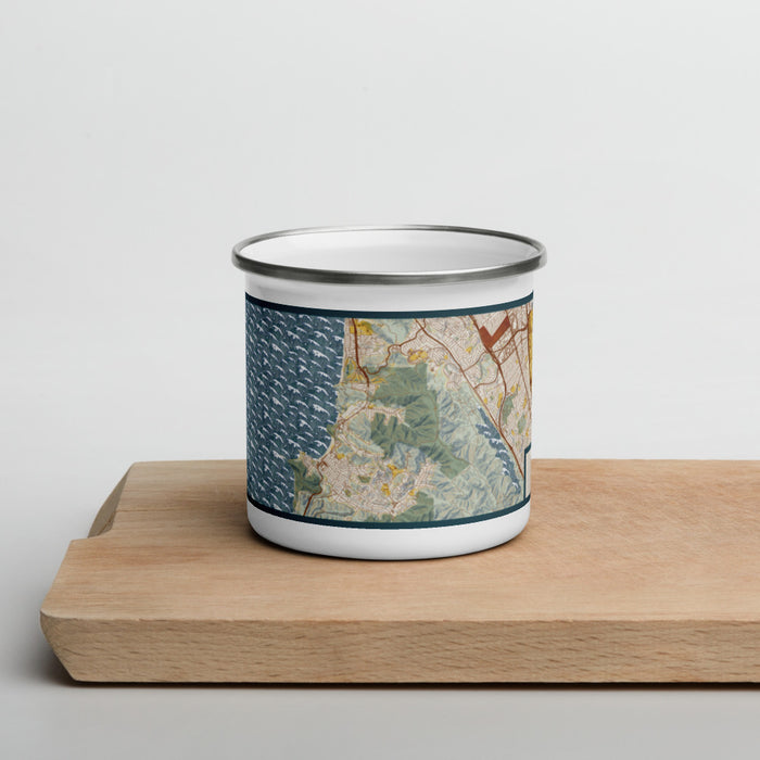 Front View Custom Pacifica California Map Enamel Mug in Woodblock on Cutting Board