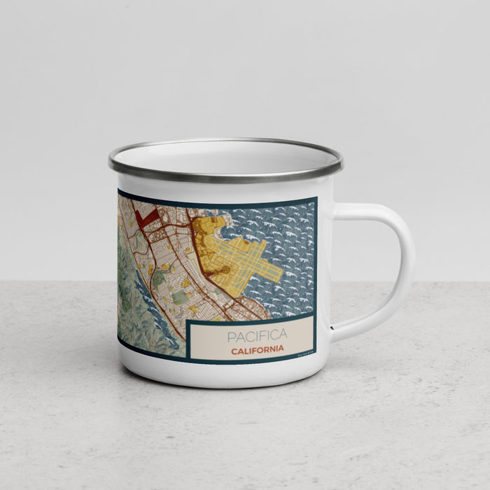 Right View Custom Pacifica California Map Enamel Mug in Woodblock