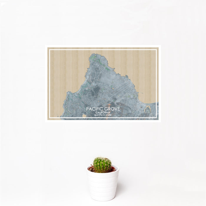 12x18 Pacific Grove California Map Print Landscape Orientation in Afternoon Style With Small Cactus Plant in White Planter