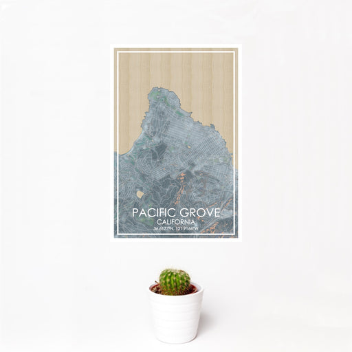 12x18 Pacific Grove California Map Print Portrait Orientation in Afternoon Style With Small Cactus Plant in White Planter