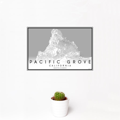 12x18 Pacific Grove California Map Print Landscape Orientation in Classic Style With Small Cactus Plant in White Planter