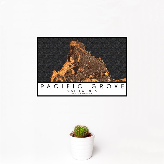12x18 Pacific Grove California Map Print Landscape Orientation in Ember Style With Small Cactus Plant in White Planter