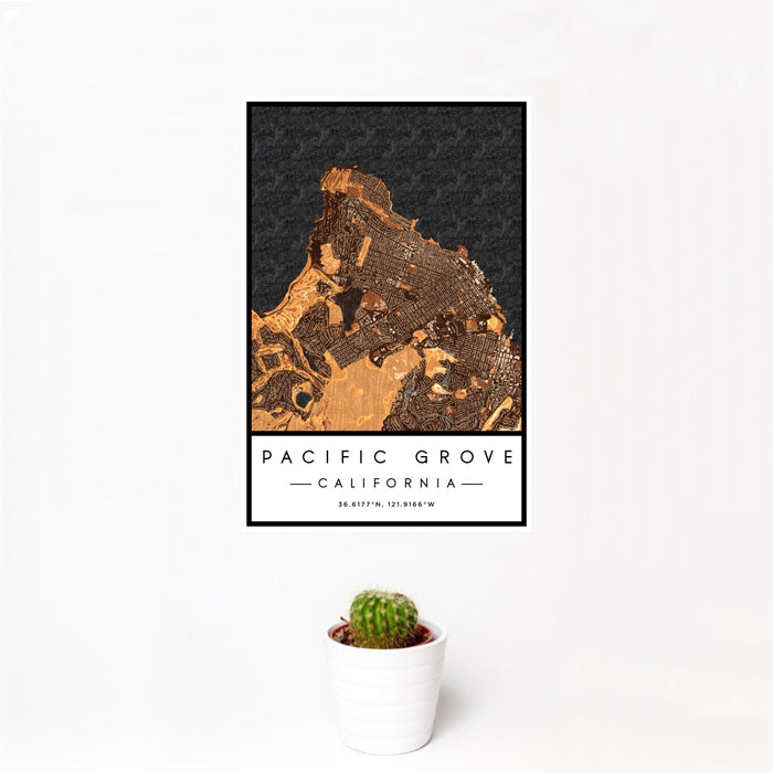12x18 Pacific Grove California Map Print Portrait Orientation in Ember Style With Small Cactus Plant in White Planter
