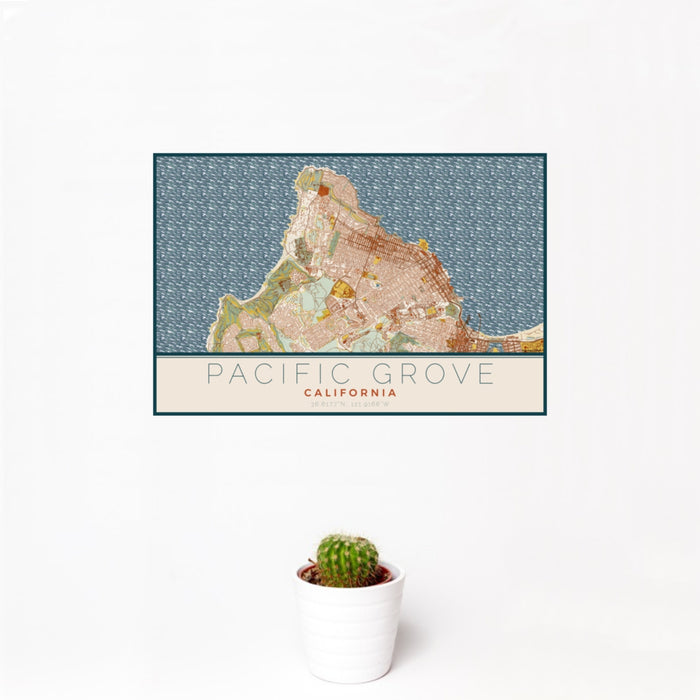 12x18 Pacific Grove California Map Print Landscape Orientation in Woodblock Style With Small Cactus Plant in White Planter