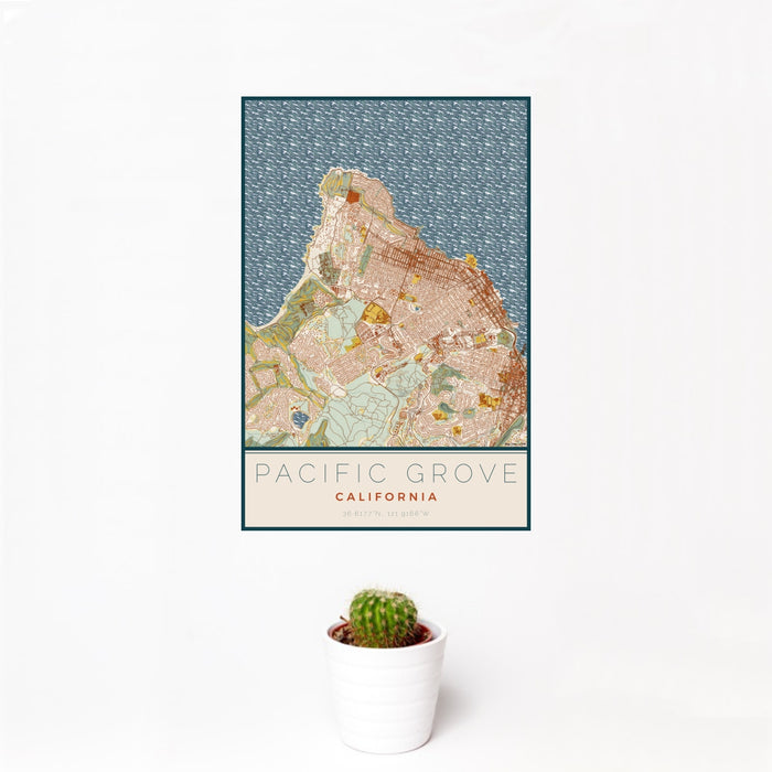 12x18 Pacific Grove California Map Print Portrait Orientation in Woodblock Style With Small Cactus Plant in White Planter