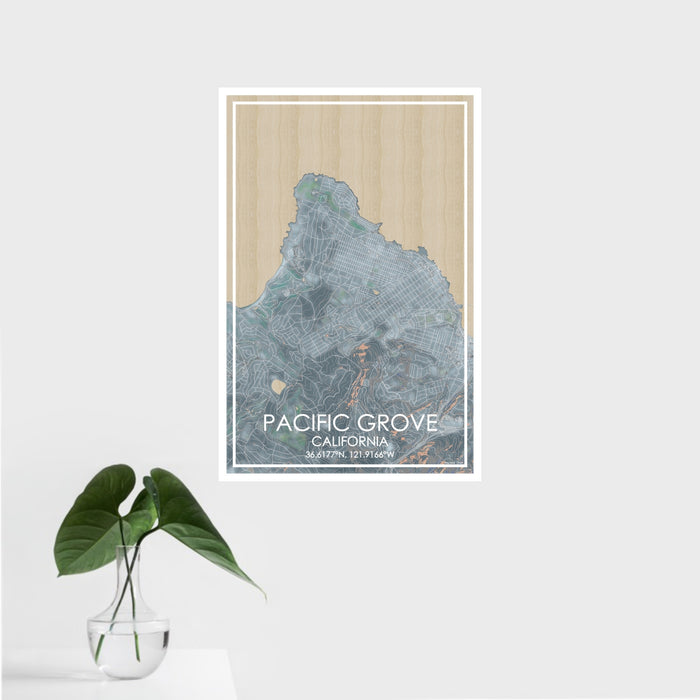 16x24 Pacific Grove California Map Print Portrait Orientation in Afternoon Style With Tropical Plant Leaves in Water