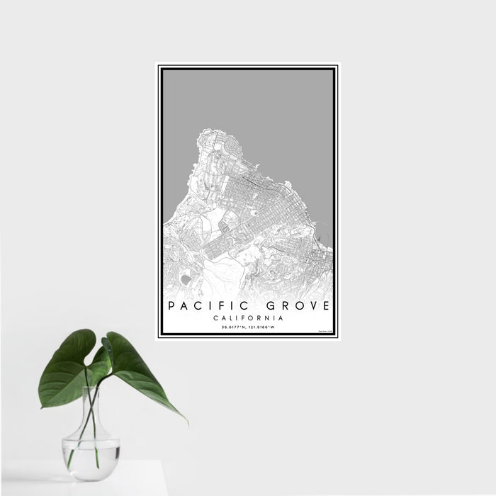 16x24 Pacific Grove California Map Print Portrait Orientation in Classic Style With Tropical Plant Leaves in Water