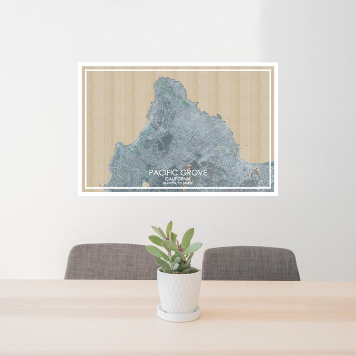 24x36 Pacific Grove California Map Print Lanscape Orientation in Afternoon Style Behind 2 Chairs Table and Potted Plant
