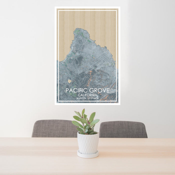 24x36 Pacific Grove California Map Print Portrait Orientation in Afternoon Style Behind 2 Chairs Table and Potted Plant