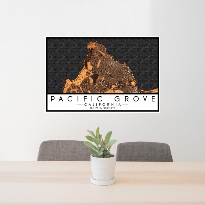 24x36 Pacific Grove California Map Print Lanscape Orientation in Ember Style Behind 2 Chairs Table and Potted Plant