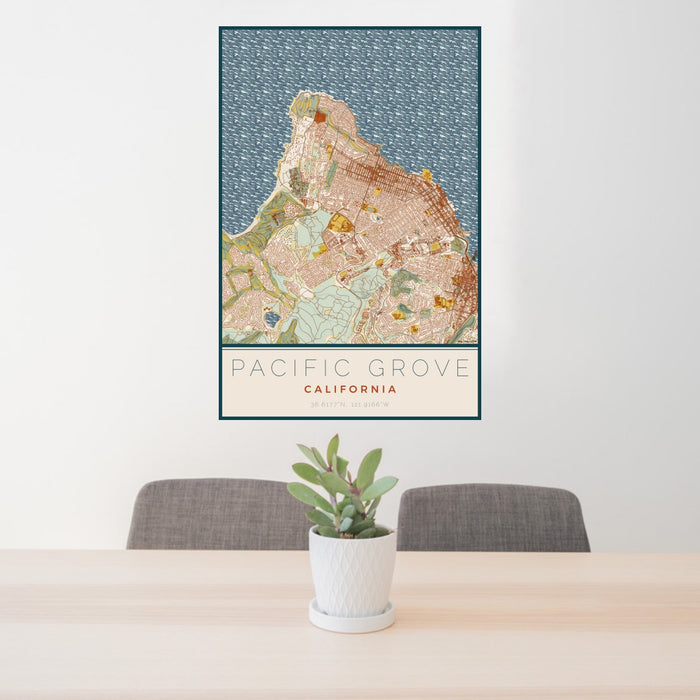 24x36 Pacific Grove California Map Print Portrait Orientation in Woodblock Style Behind 2 Chairs Table and Potted Plant