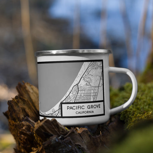 Right View Custom Pacific Grove California Map Enamel Mug in Classic on Grass With Trees in Background