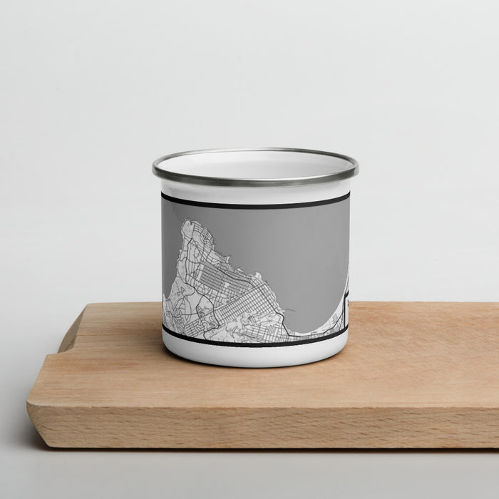 Front View Custom Pacific Grove California Map Enamel Mug in Classic on Cutting Board