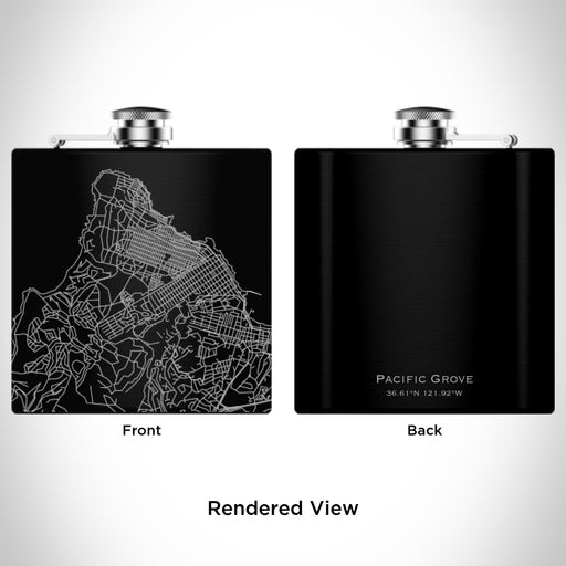 Rendered View of Pacific Grove California Map Engraving on 6oz Stainless Steel Flask in Black