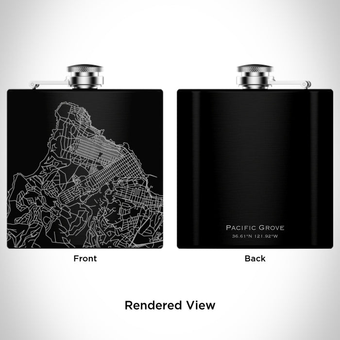Rendered View of Pacific Grove California Map Engraving on 6oz Stainless Steel Flask in Black