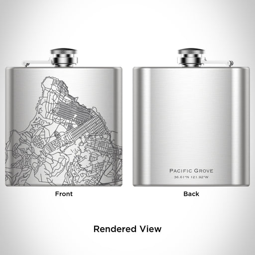 Rendered View of Pacific Grove California Map Engraving on 6oz Stainless Steel Flask