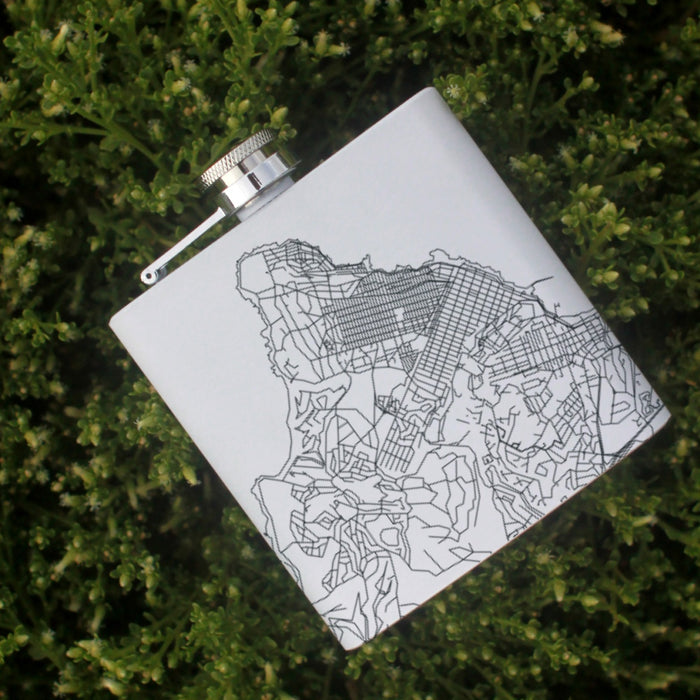 Pacific Grove California Custom Engraved City Map Inscription Coordinates on 6oz Stainless Steel Flask in White