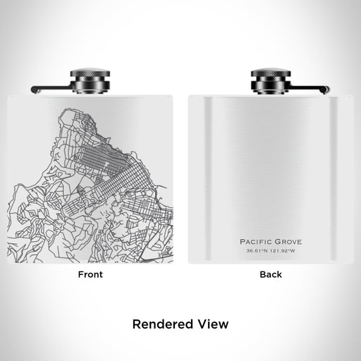 Rendered View of Pacific Grove California Map Engraving on 6oz Stainless Steel Flask in White