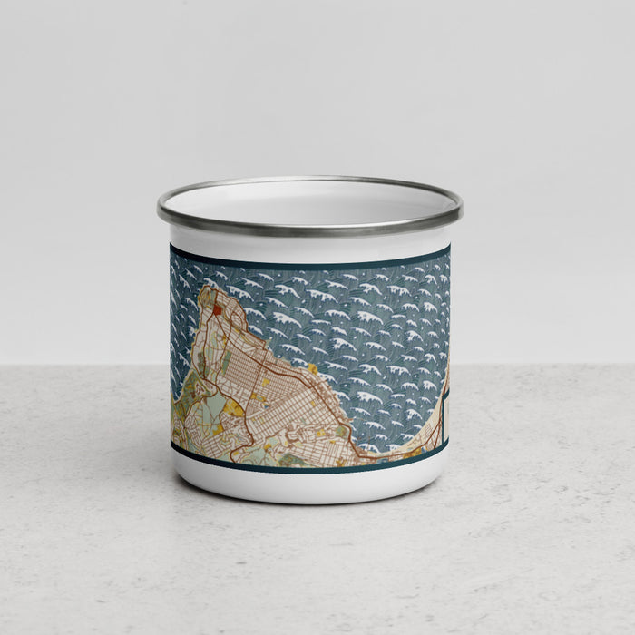 Front View Custom Pacific Grove California Map Enamel Mug in Woodblock