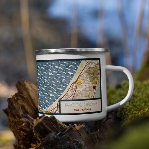 Right View Custom Pacific Grove California Map Enamel Mug in Woodblock on Grass With Trees in Background