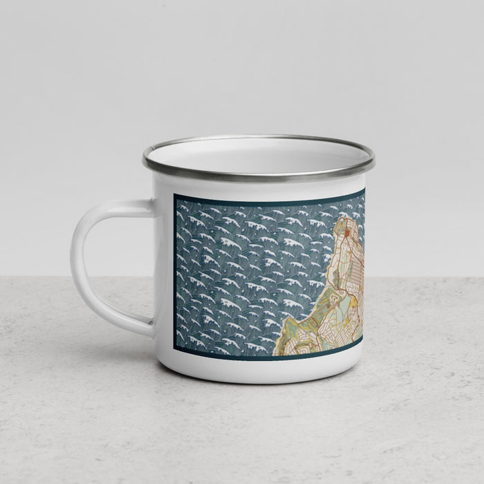 Left View Custom Pacific Grove California Map Enamel Mug in Woodblock
