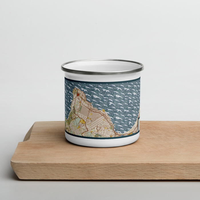 Front View Custom Pacific Grove California Map Enamel Mug in Woodblock on Cutting Board