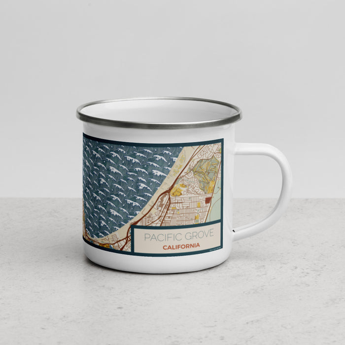 Right View Custom Pacific Grove California Map Enamel Mug in Woodblock