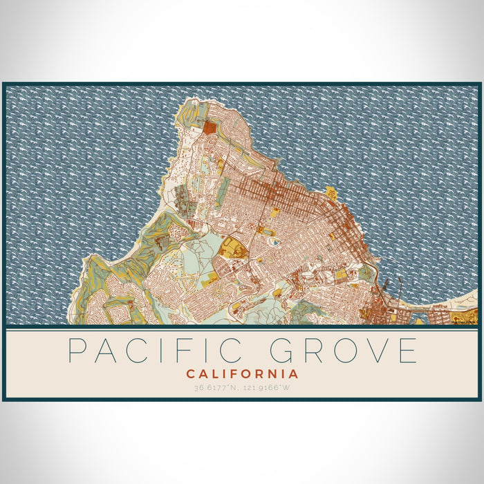 Pacific Grove California Map Print Landscape Orientation in Woodblock Style With Shaded Background