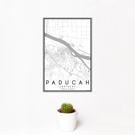 12x18 Paducah Kentucky Map Print Portrait Orientation in Classic Style With Small Cactus Plant in White Planter